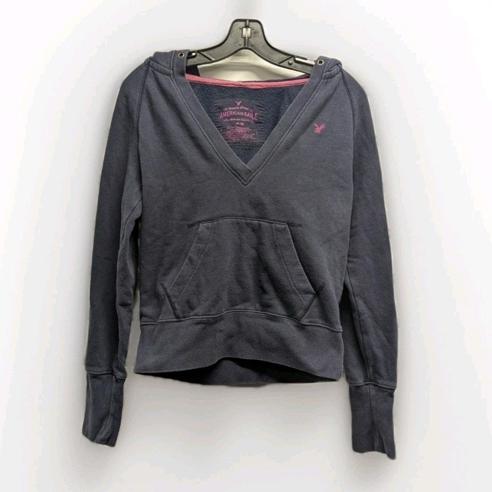 Y2K Grunge‎ American Eagle Navy Hoodie V Neck Pullover Pocket Sweatshirt Medium